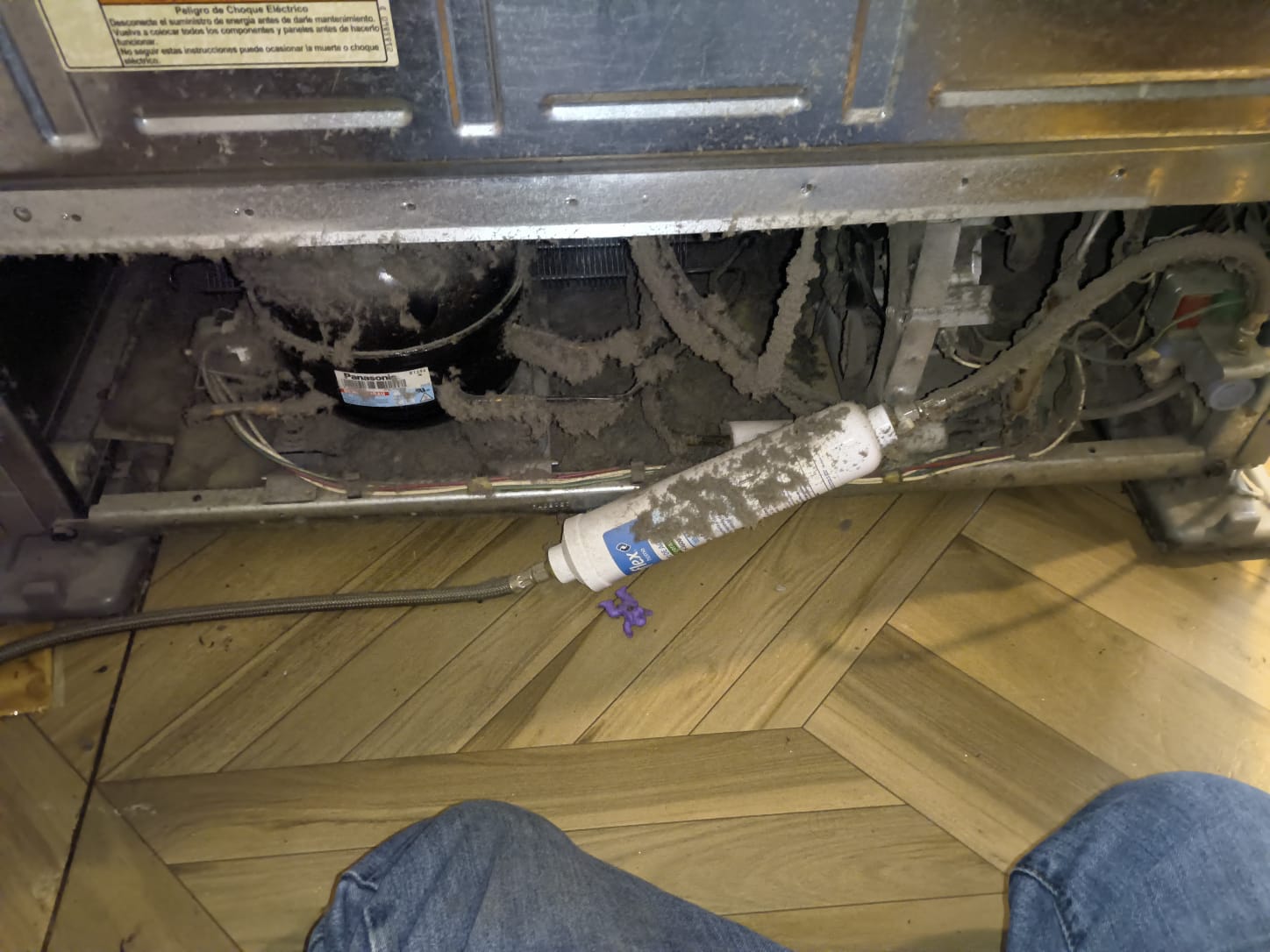 Parte inferior de un refrigerador con compresor, condensador y filtro de agua cubiertos de polvo y pelusa antes del servicio